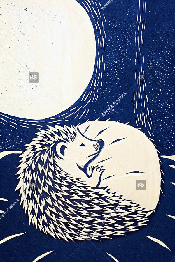 A Hedgehog Sleeping In A Night Sky With A Full Moon Surrounded By Stars And A Crescent Moon — Stock Illustration