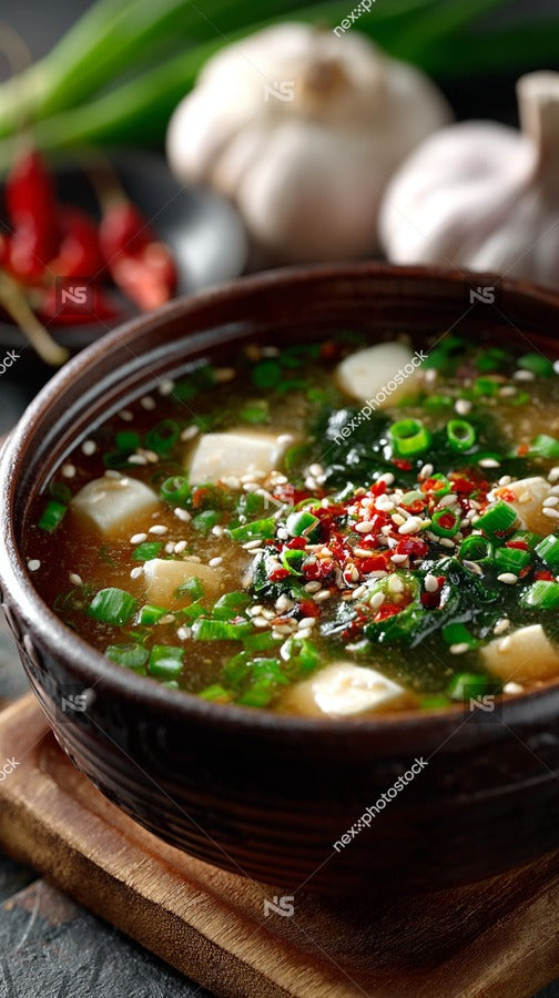 A Bowl Of Miso Soup Garnished With Green Onions And Red Pepper Flakes Placed On A Wooden Table — Stock Photo