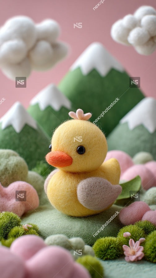Stuffed Yellow Rubber Duck Sitting On A Bed Of Colorful Moss In Front Of A Mountain Range Background — Stock Photo
