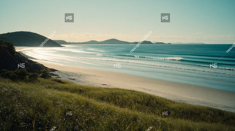 A Serene Beach Scene With A Clear View Of The Ocean And Shoreline Captured During Sunset — Stock Photo
