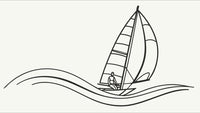 A Black And White Line Drawing Of A Sailboat On The Water With A Single Person Aboard — Stock Vector