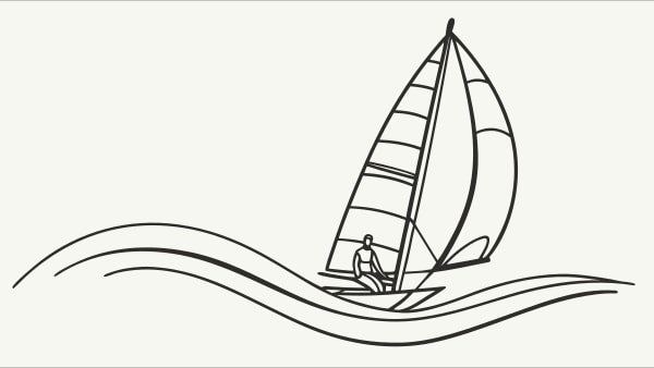 A Black And White Line Drawing Of A Sailboat On The Water With A Single Person Aboard — Stock Vector