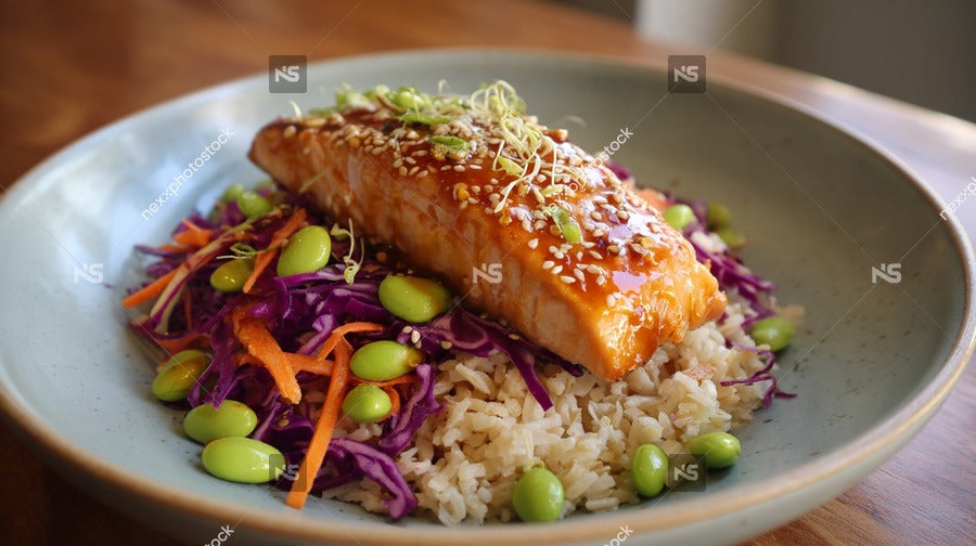 Grilled Salmon Served With Rice And Vegetables Garnished With Sesame Seeds And Green Onions — Stock Photo