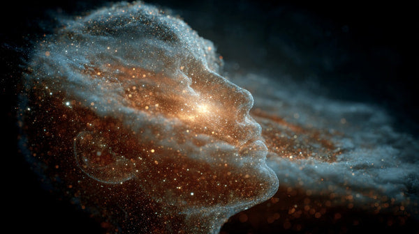 A Cosmic Portrait Of A Human Face Set Against A Starry Backdrop With Glowing Particles And Nebulae — Stock Photo