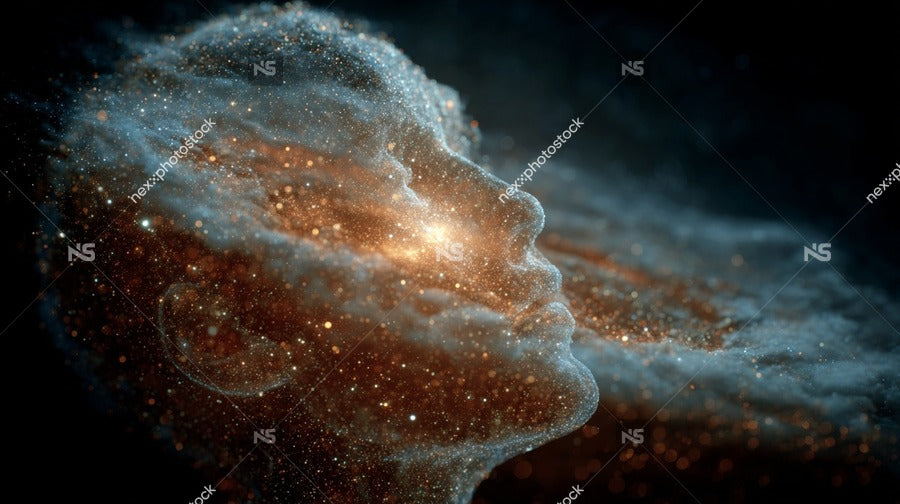 A Cosmic Portrait Of A Human Face Set Against A Starry Backdrop With Glowing Particles And Nebulae — Stock Photo
