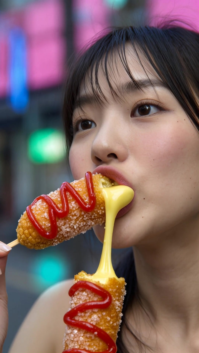 a woman enjoying a tasty hot dog with ketchup on a stick in an urban setting - Stock Video