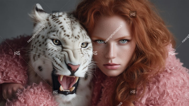 A Woman Poses With A Leopard In A Studio Setting Both Facing The Camera — Stock Photo