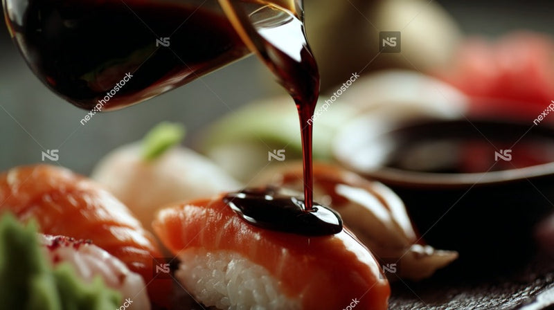 Soy Sauce Dripping From Chopsticks Onto Sushi On A Plate With A Close Up View Of The Action — Stock Photo