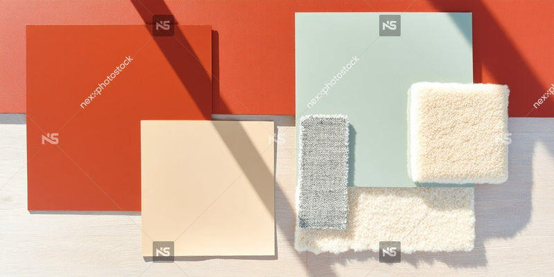 A Collection Of Colorful Materials Including Tiles And Fabric Samples Arranged Neatly On A Table — Stock Photo