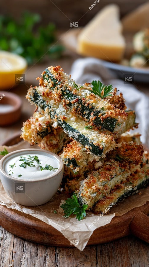 Crispy Baked Zucchini Sticks Garnished With Parsley And Served With A Side Of Sauce On A Wooden Serving Board — Stock Photo