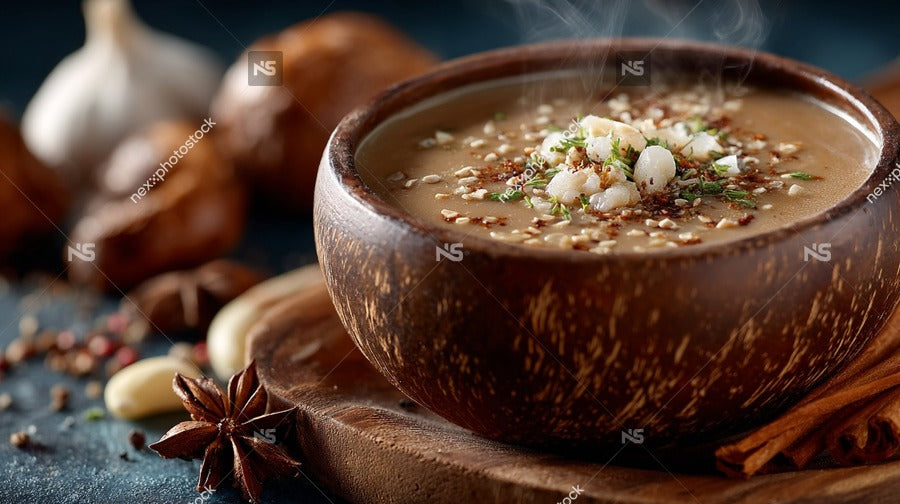 A Bowl Of Creamy Soup Sits On A Table Garnished With Spices And Herbs — Stock Photo