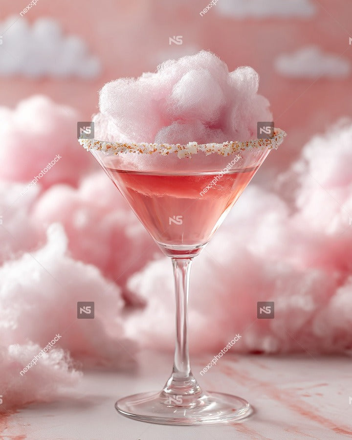 Pink Cotton Candy Cocktail On A White Plate With Pink Fluff In The Background — Stock Photo