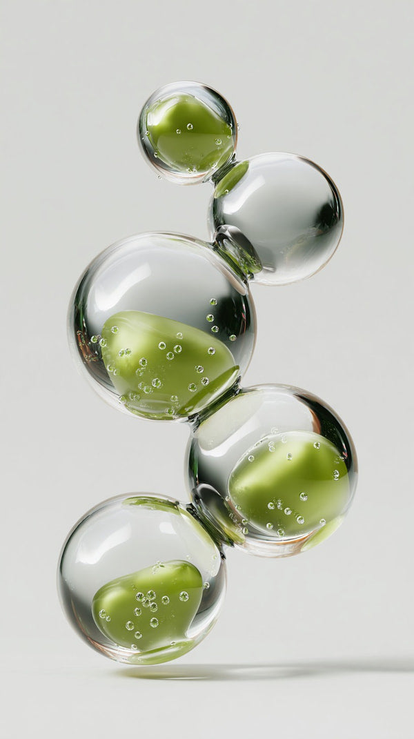 Clear Glass Spheres With Green And Yellow Bubbles Inside Arranged In A Vertical Line On A White Background — Stock Photo
