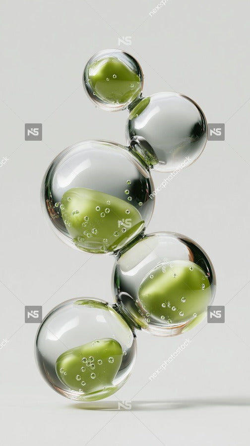 Clear Glass Spheres With Green And Yellow Bubbles Inside Arranged In A Vertical Line On A White Background — Stock Photo