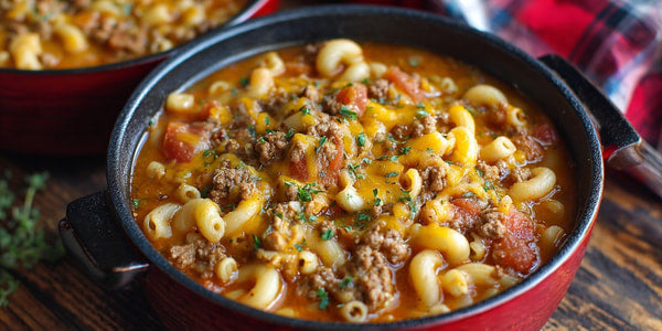 A Red Pot Filled With A Hearty Italian Pasta Dish Placed On A Wooden Table — Stock Photo