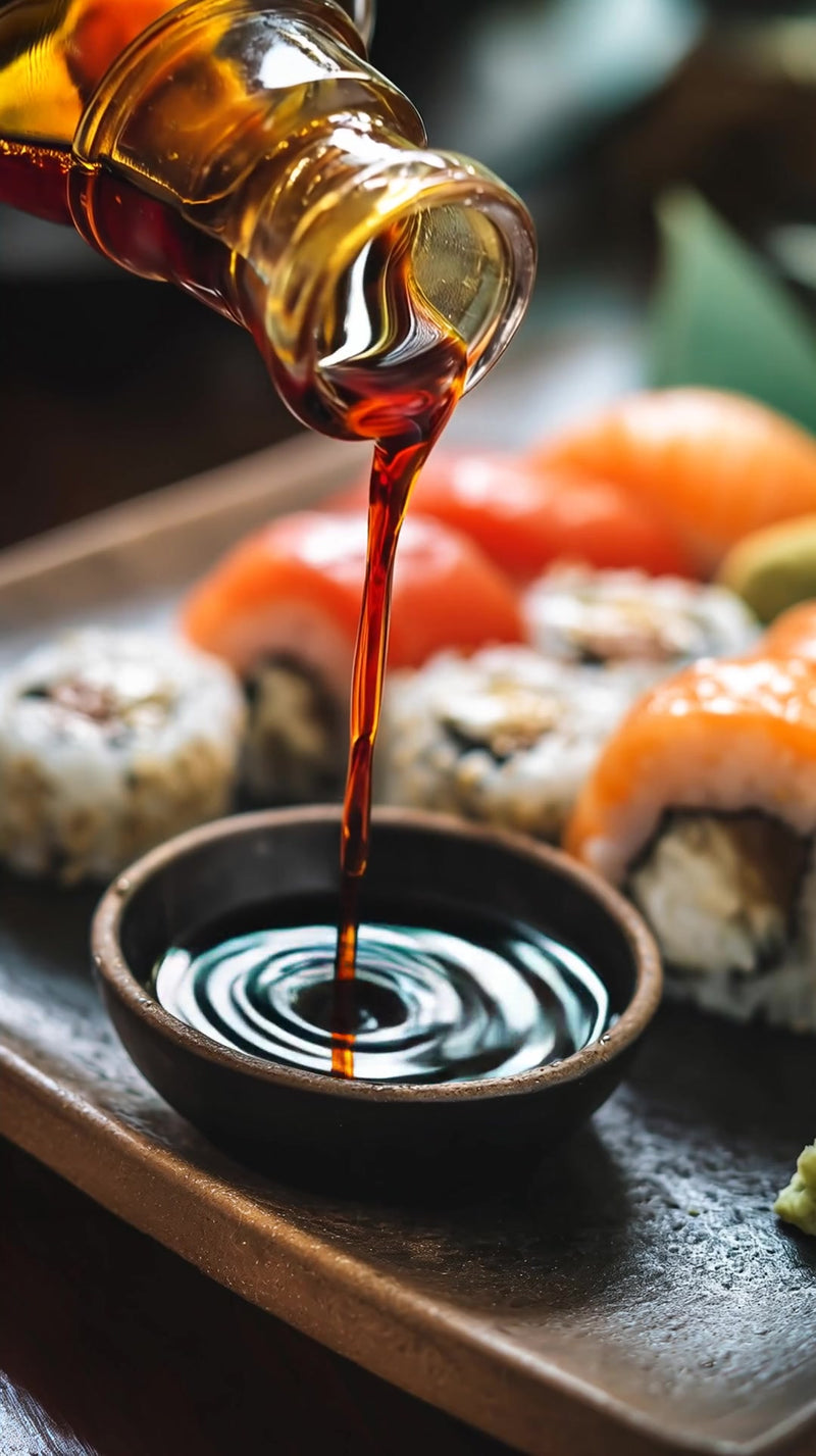 a bottle of soy sauce being poured over sushi - Stock Video