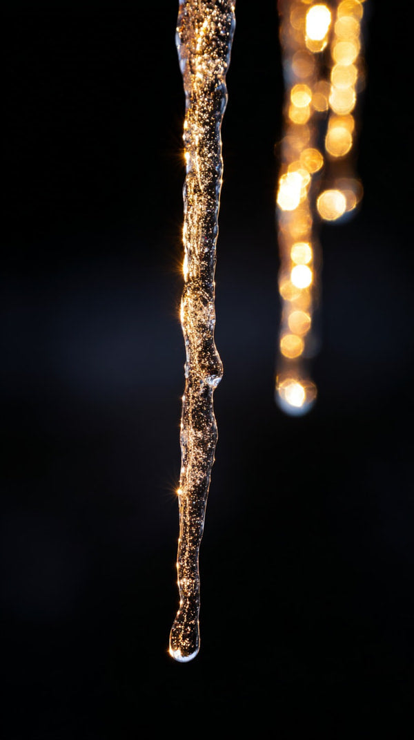 Icy Droplets Falling From A Tap Captured In Motion Against A Dark Background With A Soft Light Source Illuminating Them — Stock Photo