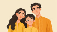 A Family Portrait Of A Man Woman And Child In Traditional Indian Attire Against A Plain Background — Stock Illustration