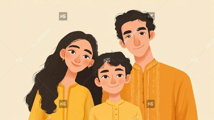 A Family Portrait Of A Man Woman And Child In Traditional Indian Attire Against A Plain Background — Stock Illustration