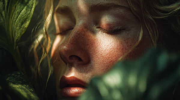 Woman S Face In Close Up Looking Down Surrounded By Green Leaves Soft Light Top View — Stock Photo