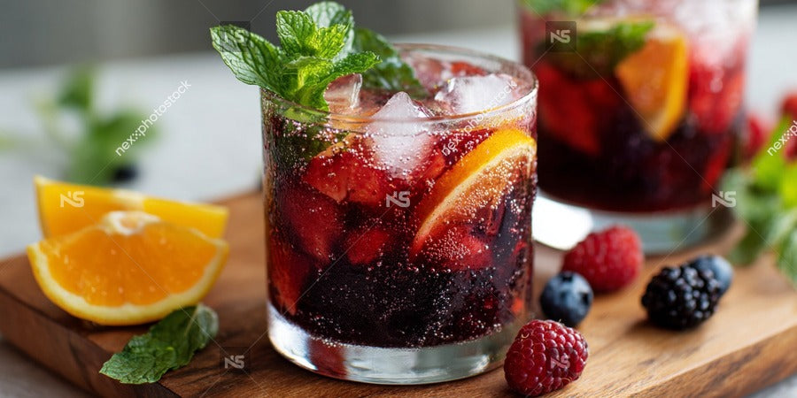 Two Glasses Of Sangria On A Wooden Table With Slices Of Orange And Mint Leaves In The Background — Stock Photo