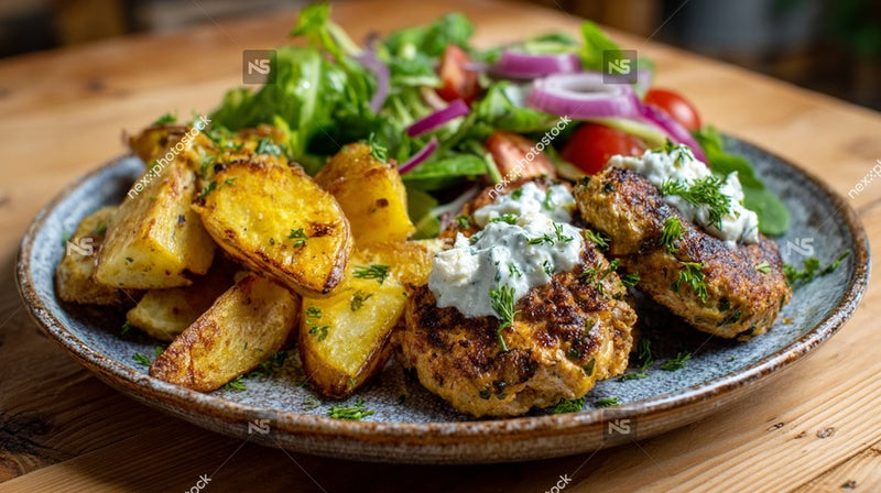 A Plate Of Grilled Chicken Potatoes And Salad Is Presented On A Wooden Table — Stock Photo