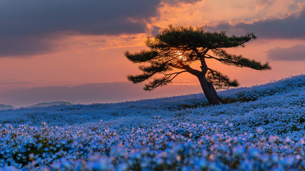 A Sunset Silhouette Of A Pine Tree Stands In A Field Of Blue Flowers — Stock Photo