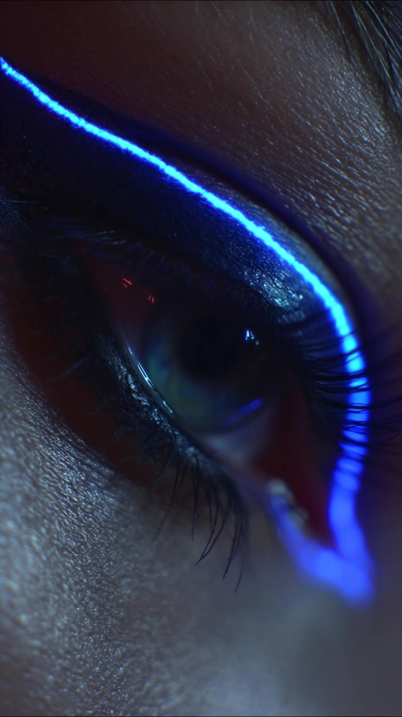 neon eye makeup with blue background close up view of a person s eye with neon blue eyeliner and mascara - Stock Video