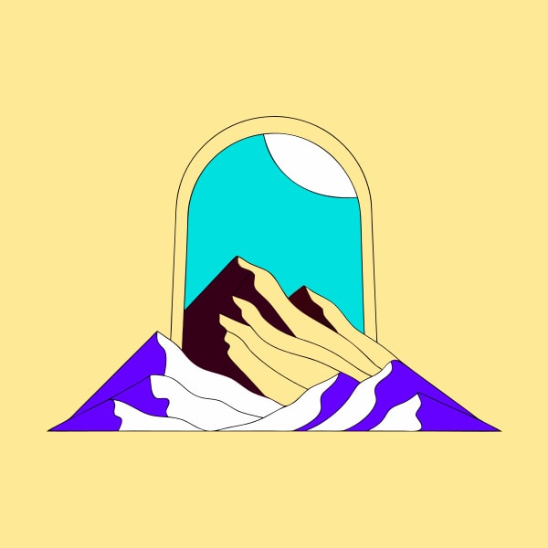 Illustration Of A Mountain Peak In The Distance Under A Blue Sky Through An Arched Window Frame — Stock Vector