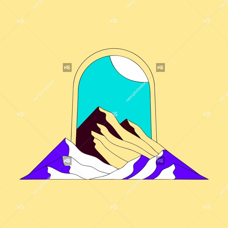 Illustration Of A Mountain Peak In The Distance Under A Blue Sky Through An Arched Window Frame — Stock Vector