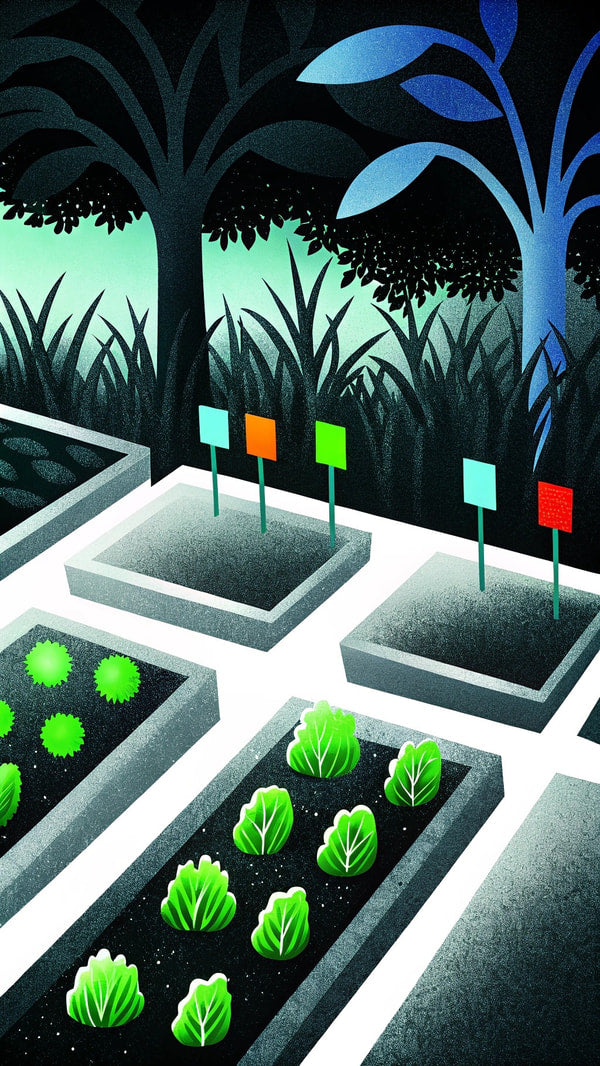 A Nighttime Garden Plotting With A Lit Lantern And Colorful Flags In The Ground Under A Dark Sky — Stock Illustration
