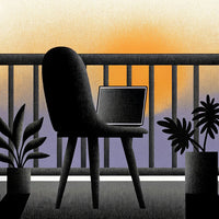 A Black And White Illustration Of A Laptop On A Table In Front Of A Sunset View From A Balcony — Stock Illustration