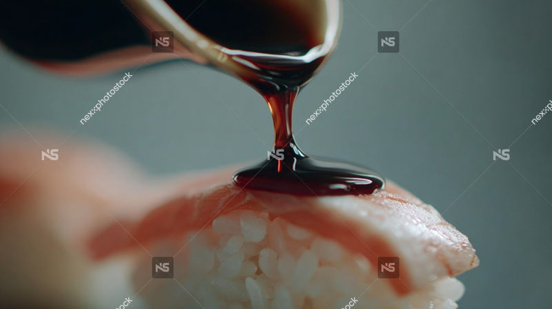 Sushi Preparation Process With A Close Up View Of Sushi Rice A Chef S Hand Dripping Sauce And A Piece Of Sushi — Stock Photo
