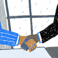 A Handshake Between Two Businessmen In A Rainy Window With One Man Wearing A Suit And Tie — Stock Illustration
