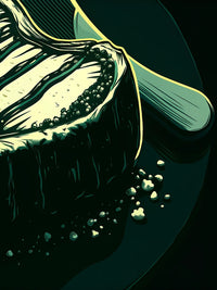 A Slice Of Cake With A Spoon In It Presented In A Close Up Shot Against A Dark Background — Stock Illustration