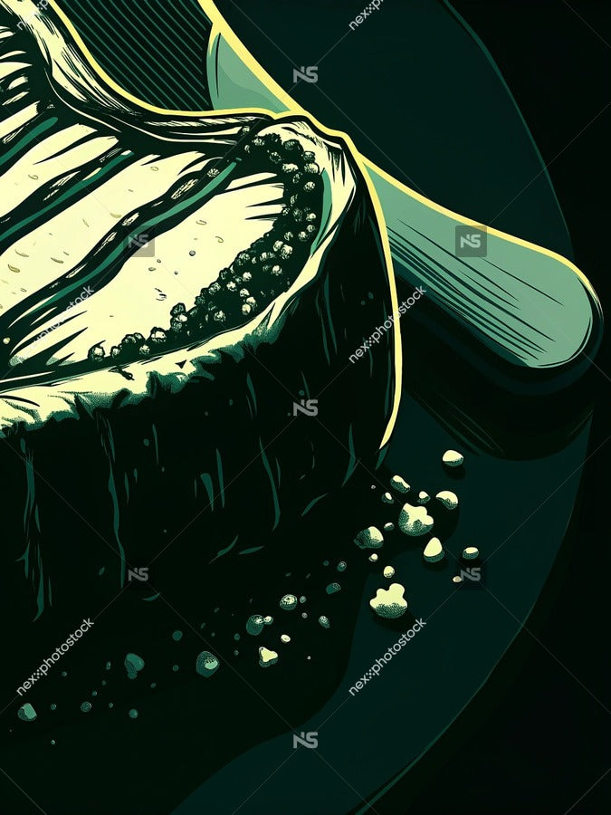 A Slice Of Cake With A Spoon In It Presented In A Close Up Shot Against A Dark Background — Stock Illustration