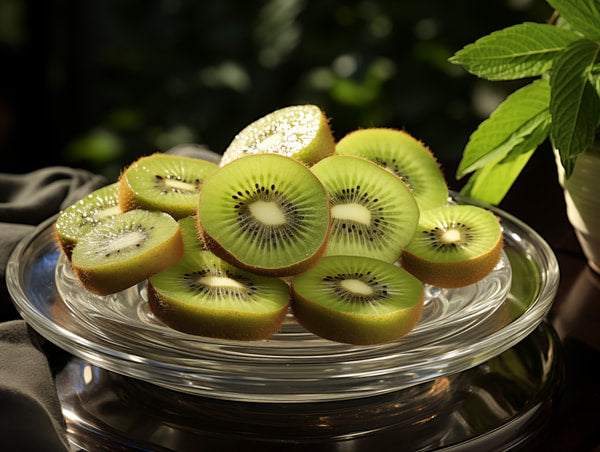 A Plate Of Sliced Kiwi Fruit Is Presented In A Clear Glass Dish Showcasing Its Vibrant Green Color And Juicy Texture — Stock Photo