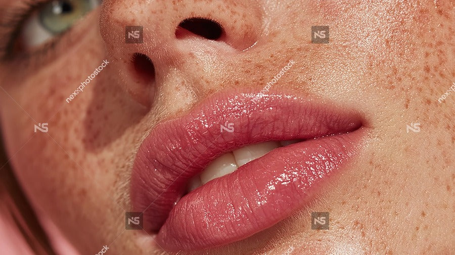 A Close Up Advertisement Image A Woman S Face Showcasing Her Lips Wearing Lipstick — Stock Photo