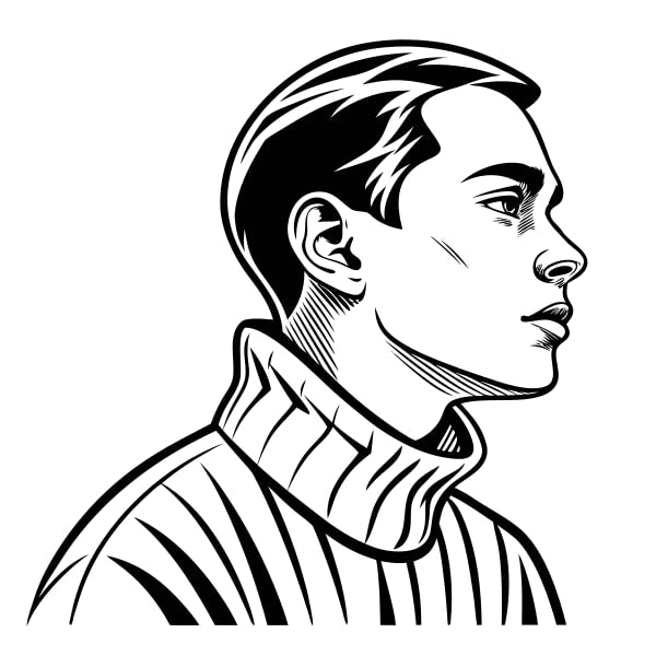 Black And White Portrait Of A Man With Short Hair And A Beard Wearing A Turtleneck Sweater Looking To The Side (2) — Stock Vector
