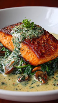 A Plate Of Salmon Topped With Spinach Sauce Served On A White Plate — Stock Photo