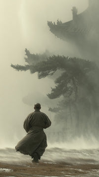 A Solitary Samurai Garbed In Traditional Japanese Attire Strides Purposefully Through A Fog Shrouded Landscape Set Against The Backdrop Of An Ancient Temple — Stock Photo