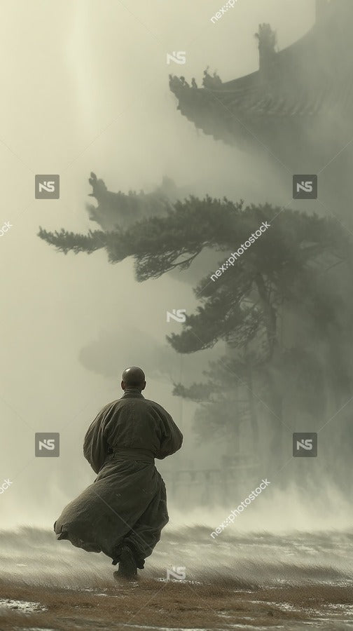 A Solitary Samurai Garbed In Traditional Japanese Attire Strides Purposefully Through A Fog Shrouded Landscape Set Against The Backdrop Of An Ancient Temple — Stock Photo