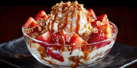 Strawberry Ice Cream Sundae With Whipped Cream And Nuts In A Glass Bowl On A Table — Stock Photo