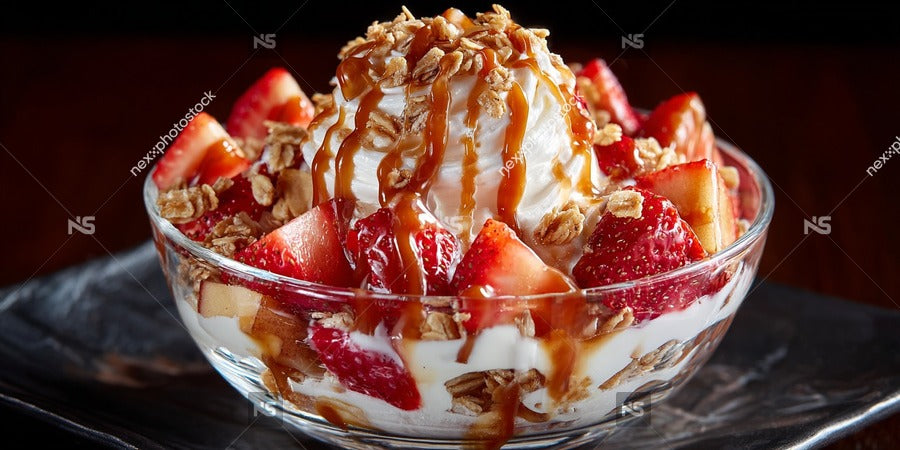 Strawberry Ice Cream Sundae With Whipped Cream And Nuts In A Glass Bowl On A Table — Stock Photo