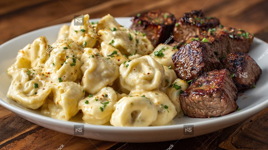 A Plate Of Macaroni And Cheese Accompanied By A Side Of Meat On A Wooden Table — Stock Photo