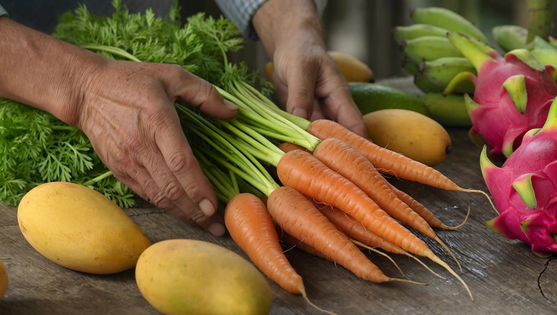 a person standing near a table with various fresh vegetables and fruits including carrots oranges and bananas - Stock Video