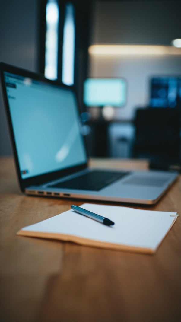 A Laptop Is Placed On A Wooden Desk Accompanied By A Notebook And A Pen — Stock Photo