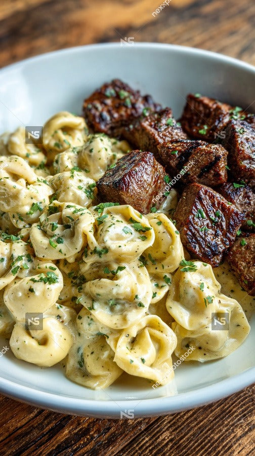 A Plate Of Pasta With Alfredo Sauce Accompanied By A Serving Of Meat Is Presented On A Wooden Table — Stock Photo