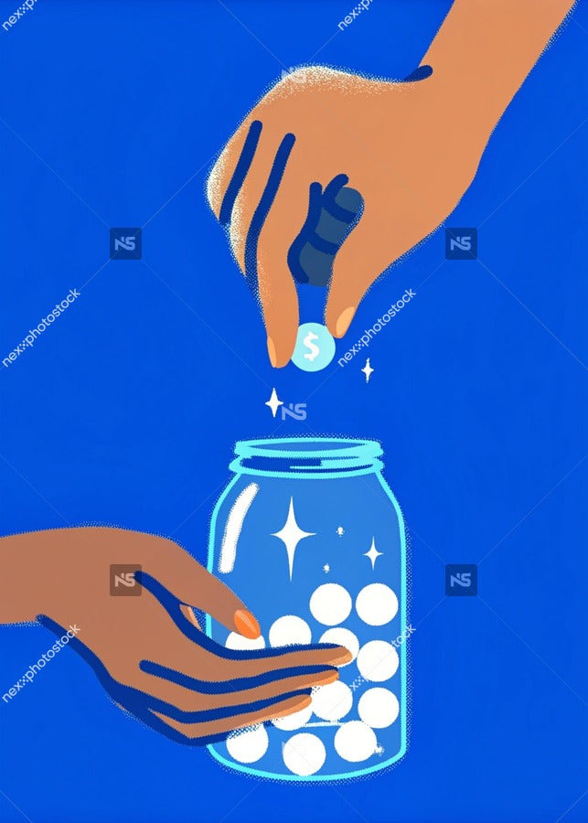 A Digital Illustration Of Two Hands Pouring Coins Into A Jar Set Against A Blue Background — Stock Illustration