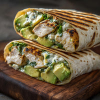 A Delicious Chicken Caesar Wrap With Avocado And Pesto Served On A Wooden Board — Stock Photo